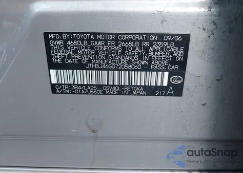 2007 Lexus Es 350 z USA, uszkodzony, nr VIN JTHBJ46G072058060